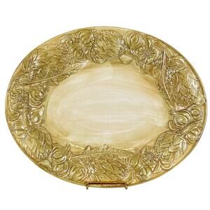 Majolica Hand Painted Oval Italian Platter Garlic Artichoke 3-D Mustard Artisan